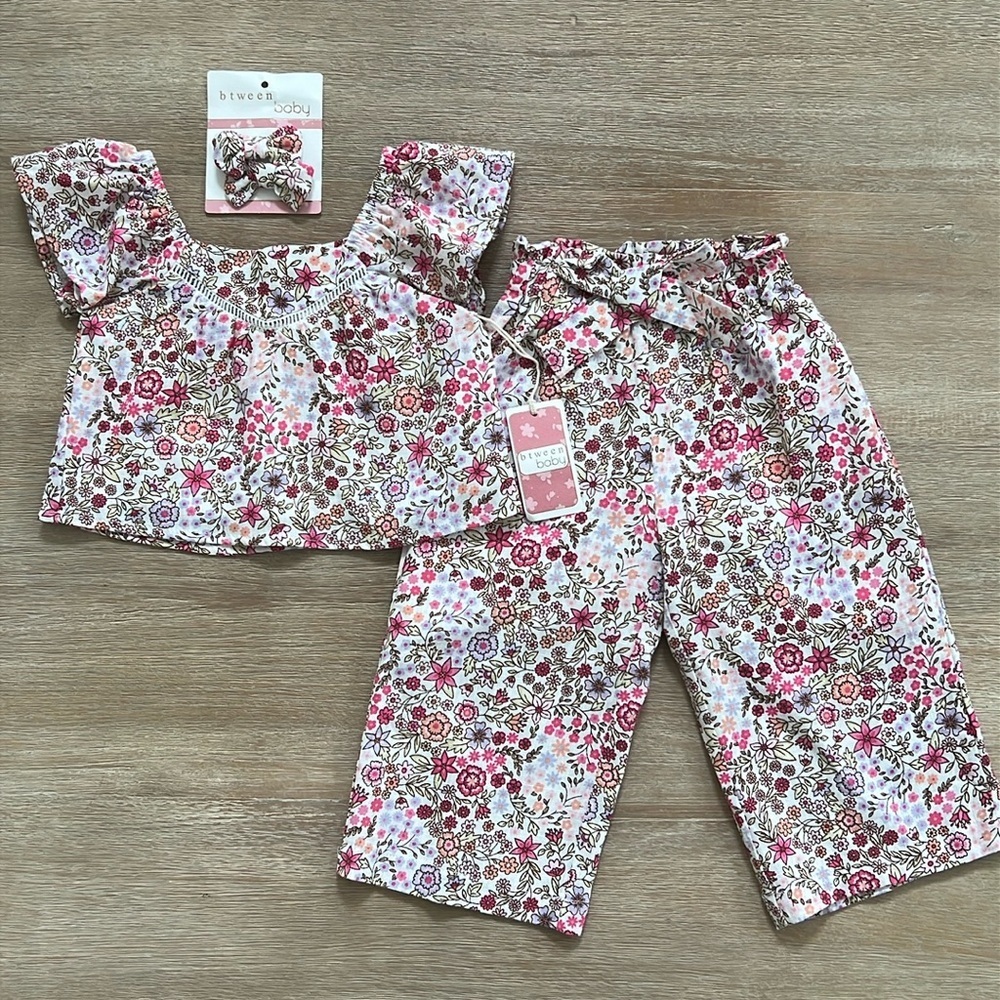 Btween Baby Girl Linen Blend Floral 3 Piece Top Pants Hair Bows 18 months